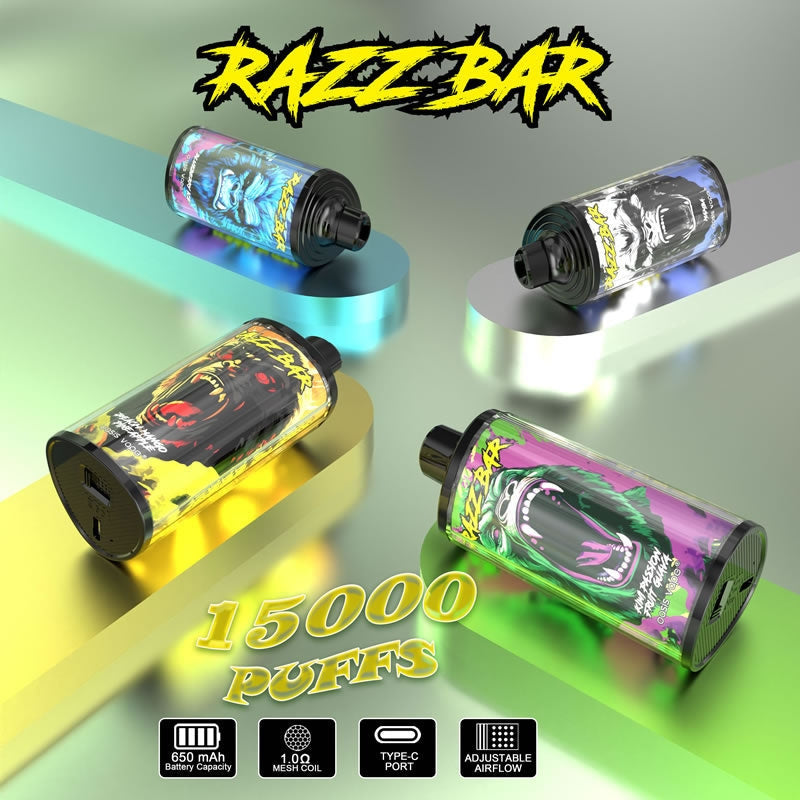 Razz Bar 15000 Puffs - 28mL, 5% Nic Salt, 12 Flavors, RGB Lights